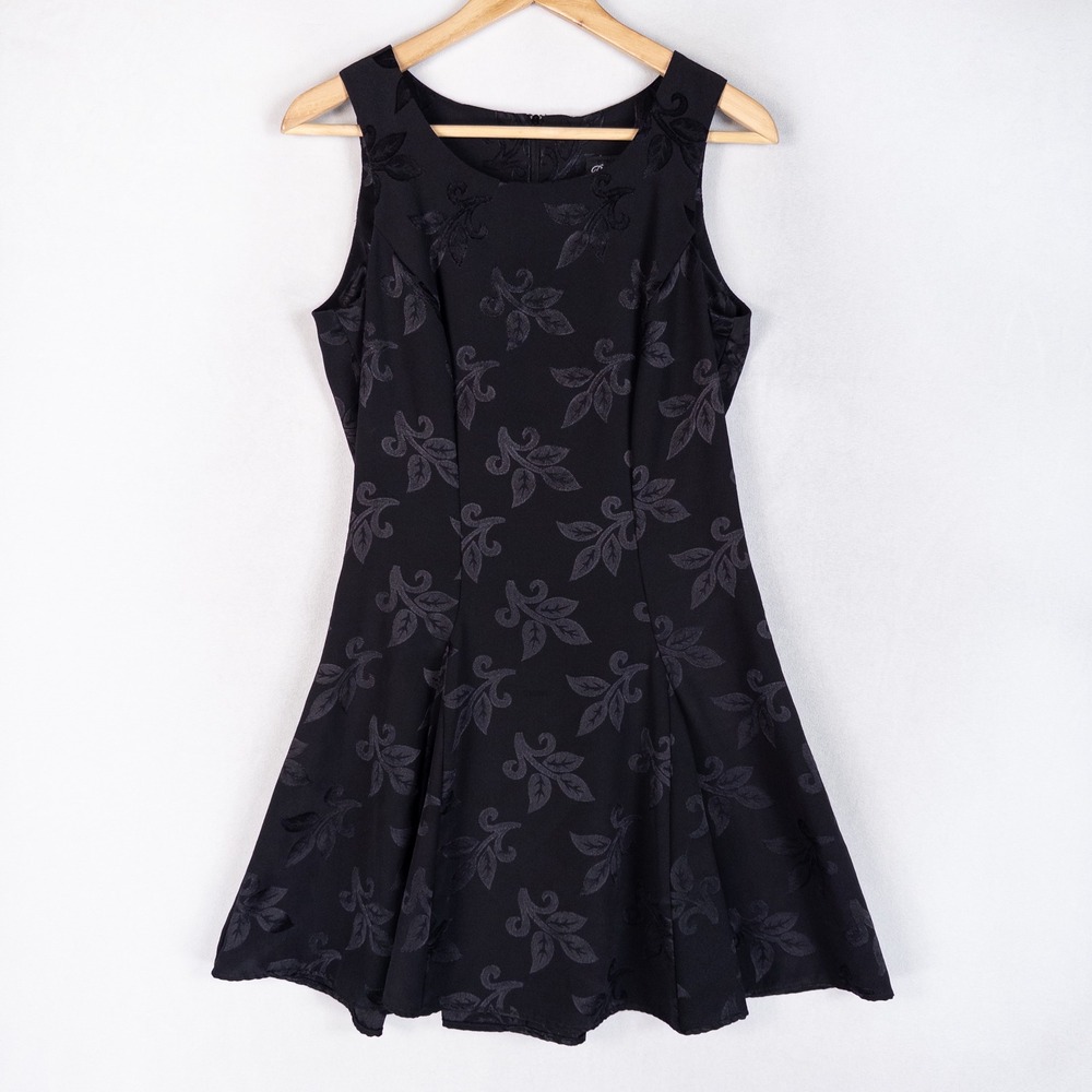 Vintage 90s Dress 9/10 Black Jacquard Leaf Corset Back Gored Whimsigoth Witchy